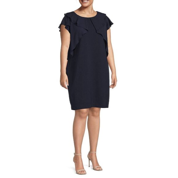 NWT DKNY Georgette Chiffon Capelet Flutter Sleeve Sheath Dress in Navy Sz. 18W - Picture 1 of 3